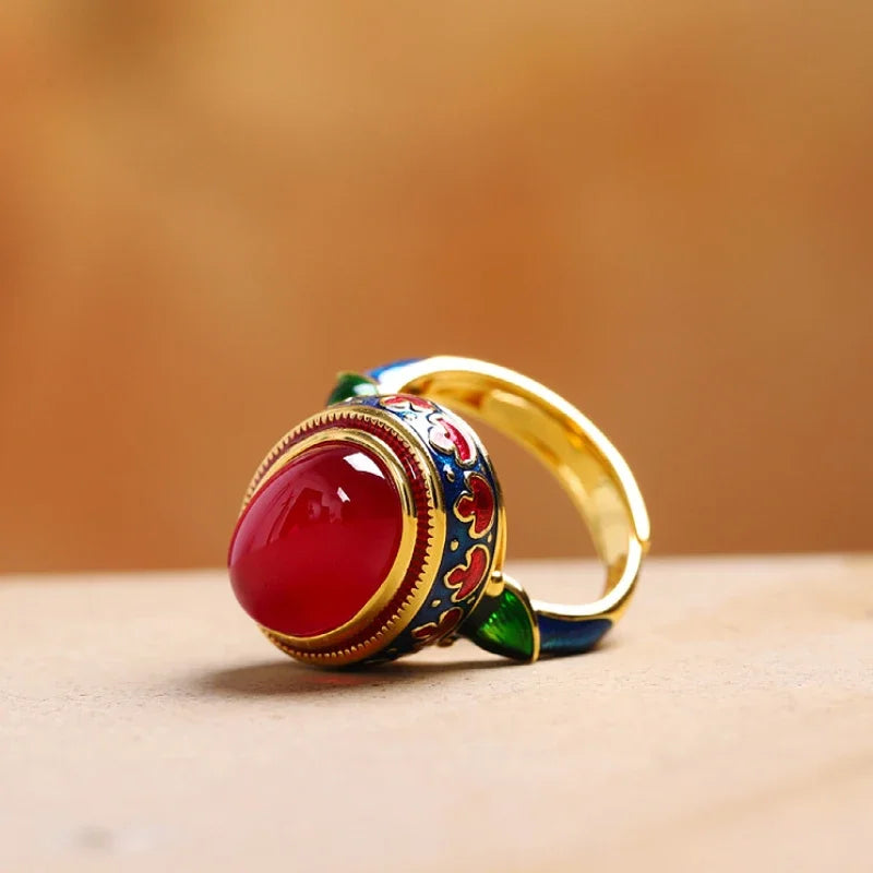 Original ancient gold craftsmanship natural carnelian rings for women flower enamel national style light luxury Wedding jewelry