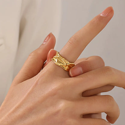 Stainless Steel Irregular Geometric Open Rings for Women Gold Color Texture Couple Wedding Ring Trendy Elegant Aesthetic Jewelry