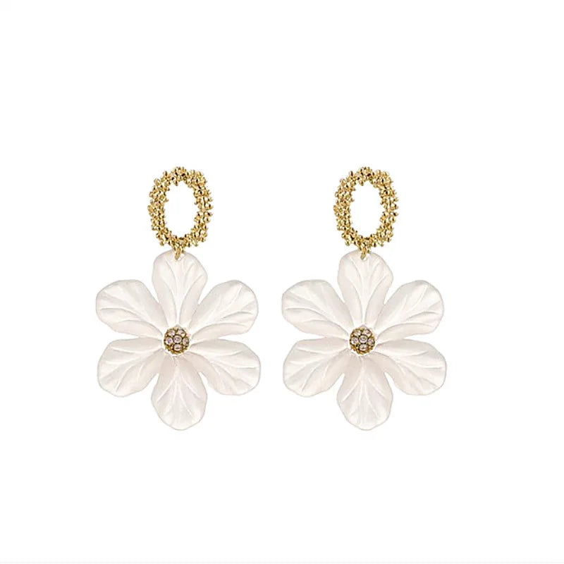 White Flower Dangle Earrings for Women Acrylic Big Floral Metal Circle Drop Earrings Korean Fashion Cute Girl Party Jewelry Gift