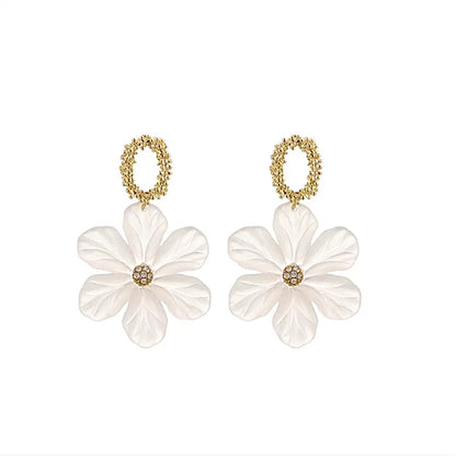 White Flower Dangle Earrings for Women Acrylic Big Floral Metal Circle Drop Earrings Korean Fashion Cute Girl Party Jewelry Gift
