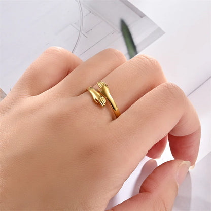 Round Gold Color Warmly Embraced Love Hug Open Rings For Women Cute Creative Hands  Adjustable Jewelry