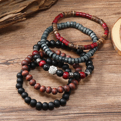 Bracelet For Men New Retro Style Cross Black Wooden Beads Coconut Shell Multi-piece Set Of Personality Bracelet