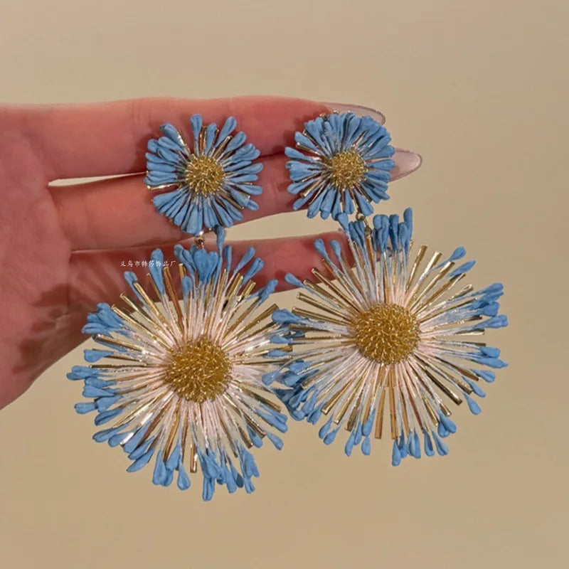 New Colorful Sun Flower Raffia Bead Earrings For Women Girl Handmade Bohemian Rattan Knit Earrings Summer Party Jewelry Gifts