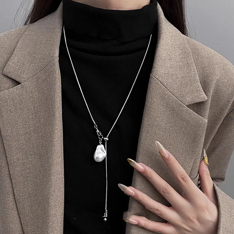 LATS Stainless Steel Long with Baroque Pearls Necklace for Women Adjustable Chain Sweater Accessories Fashion Jewelry