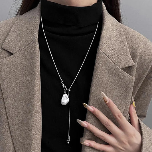 LATS Stainless Steel Long with Baroque Pearls Necklace for Women Adjustable Chain Sweater Accessories Fashion Jewelry
