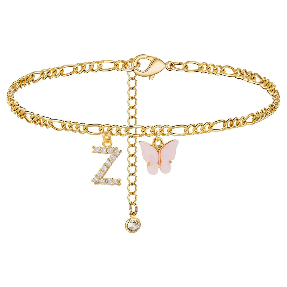 Butterfly Cuban Link Anklet A-Z Letter Initial Anklets Bracelet for Women Stainless Steel Beach Leg Foot Chains Wholesale 2024