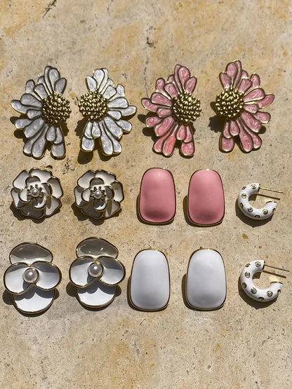 Uworld Fashion Trend 18K Gold Color Plated Stainless Steel Pink Drip Oil Flower Earrings Geometric Ear Studs Women's Accessories