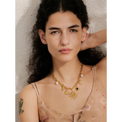 Yhpup Trendy Starfish Moon Sun Shaped Pendant Charm Necklace Statement Stainless Steel Golden Chain Fashion Jewelry PVD Plated