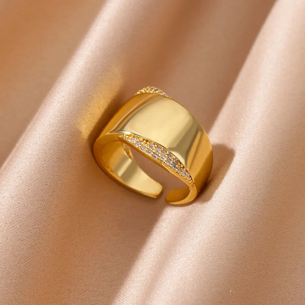 Zircon Cristal Geometric Rings For Women Stainless Steel Gold Color Adjustable Finger Ring Trendy Wedding Luxury Jewerly Gift