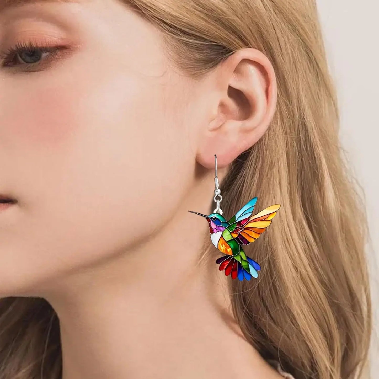 Colorful Hummingbird Bird Dangle Earring Necklaces, 2D Hummingbird Necklace, Birds Necklace For Women Girs Bird Lovers