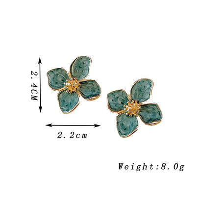 Light Green Enamel Oil Flower Stud Earrings for Women Elegant Four Blooming Petals Plant Earrings Cute Trendy Party Jewelry Gift