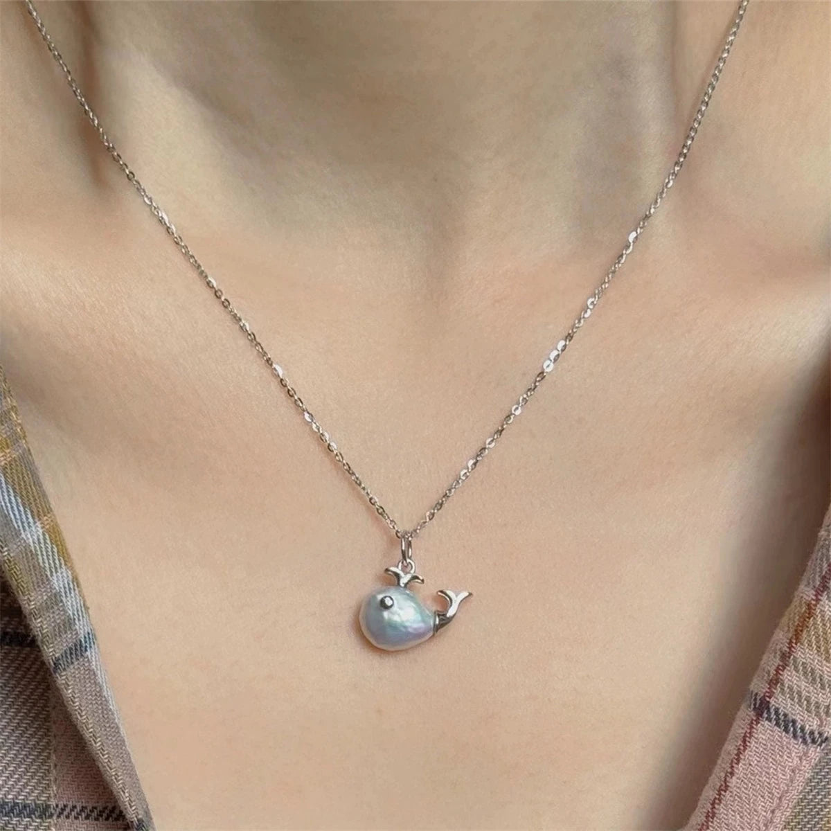 Baroque Whale Necklace, Alien Pearl, Marine Life Pendant, Clavicle Chain, Small Fish Earnail Set, Color Preserved