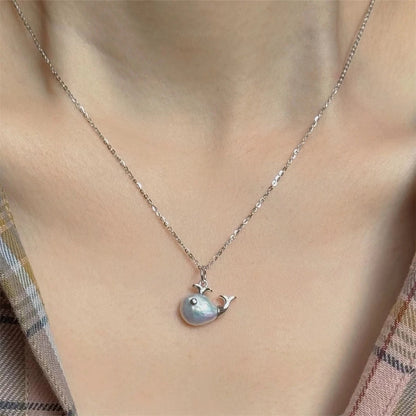 Baroque Whale Necklace, Alien Pearl, Marine Life Pendant, Clavicle Chain, Small Fish Earnail Set, Color Preserved