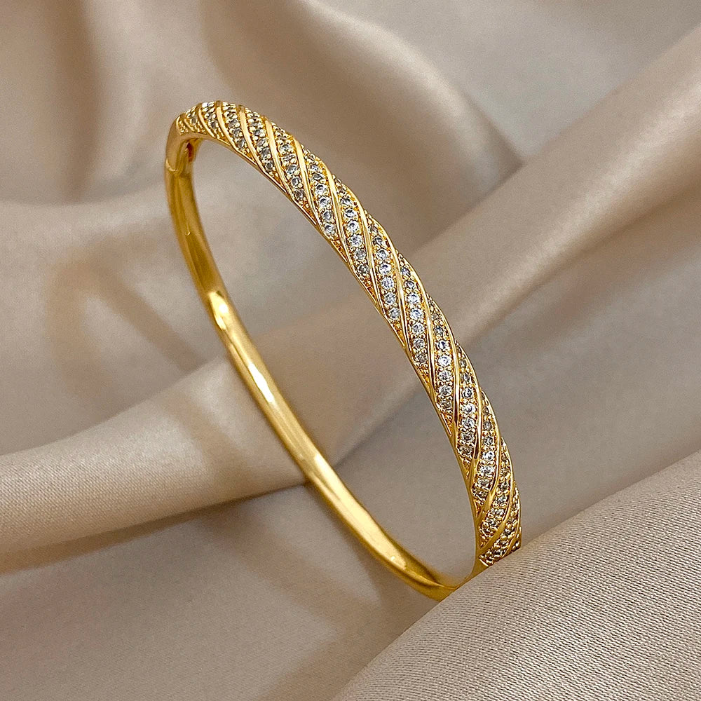 Flashbuy Gold Color Chic Inlaid Zircon Copper Bangle Bracelet For Women Statement New Design Temperament Wrist Fashion Jewelry