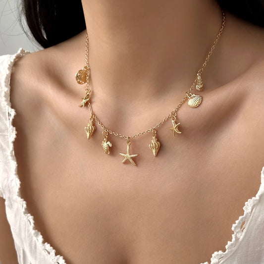 Fashion Gold Color Starfish Conch Turtle Pendant Necklace for Women Handmade Shell Chain Necklace Summer Beach Party Jewelry