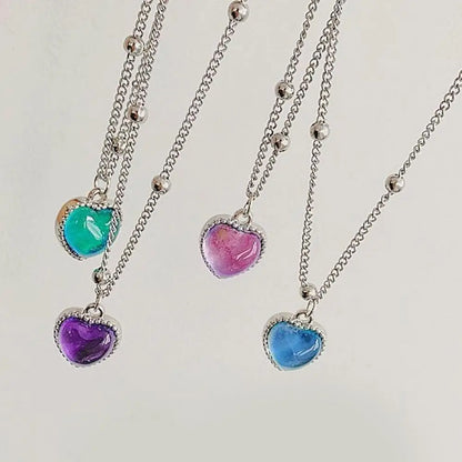 Thermochromic Mood Heart Pendant Necklace Korean Temperature Color Change Necklace Sensitive Stone Clavicle Chain Lover Jewelry
