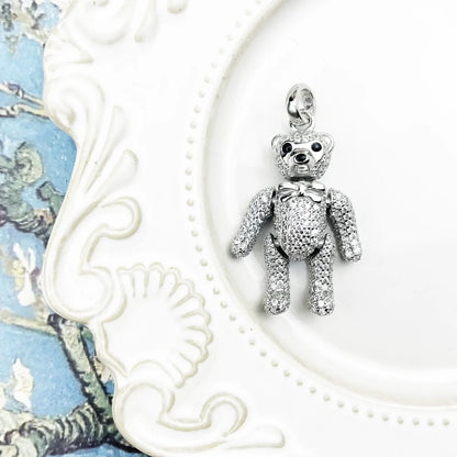 Pendant Teddy Bear Rotatable Limbs & Head 925 Sterling Silver With White Zirconia Fine Romantic Jewelry Trendy Gift For Woman