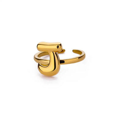 Gold Color Cute Bubble Letters Rings For Women Stainless Steel A-Z Alphabet Opening Ring Wedding Party Christmas Jewelry