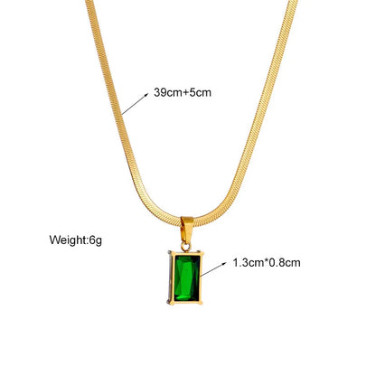 AKOL 316L Stainless Steel Rectangle Green Crystal Zircon Pendant Necklace Earrings For Women Fashion Party Jewelry Set
