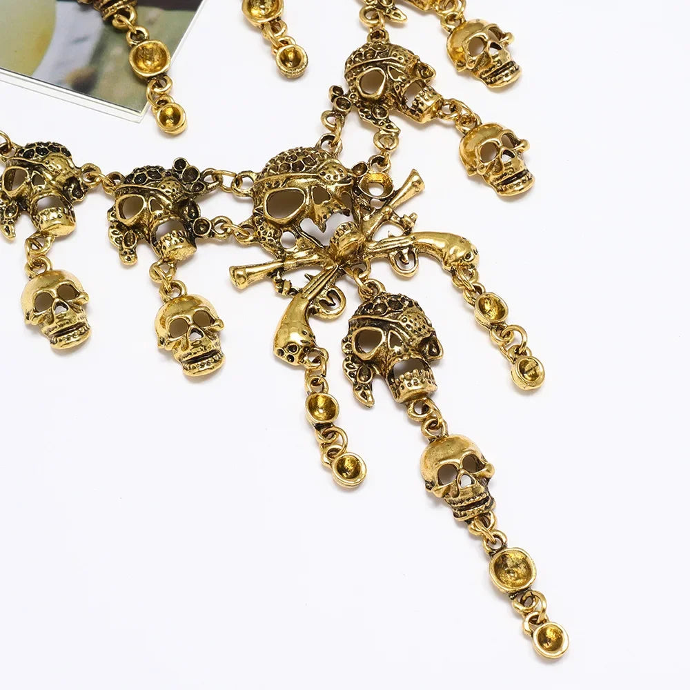Halloween Jewelry Sets Vintage Goth Punk Pirate Skeleton Skull Statement Necklace And Earrings For Men Women Party Accessories