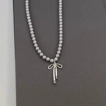 LATS Gray Pearls Bowknot Pendant Necklace for Women Girls Graceful Butterfly Choker Chain Jewelry Gift Accessories