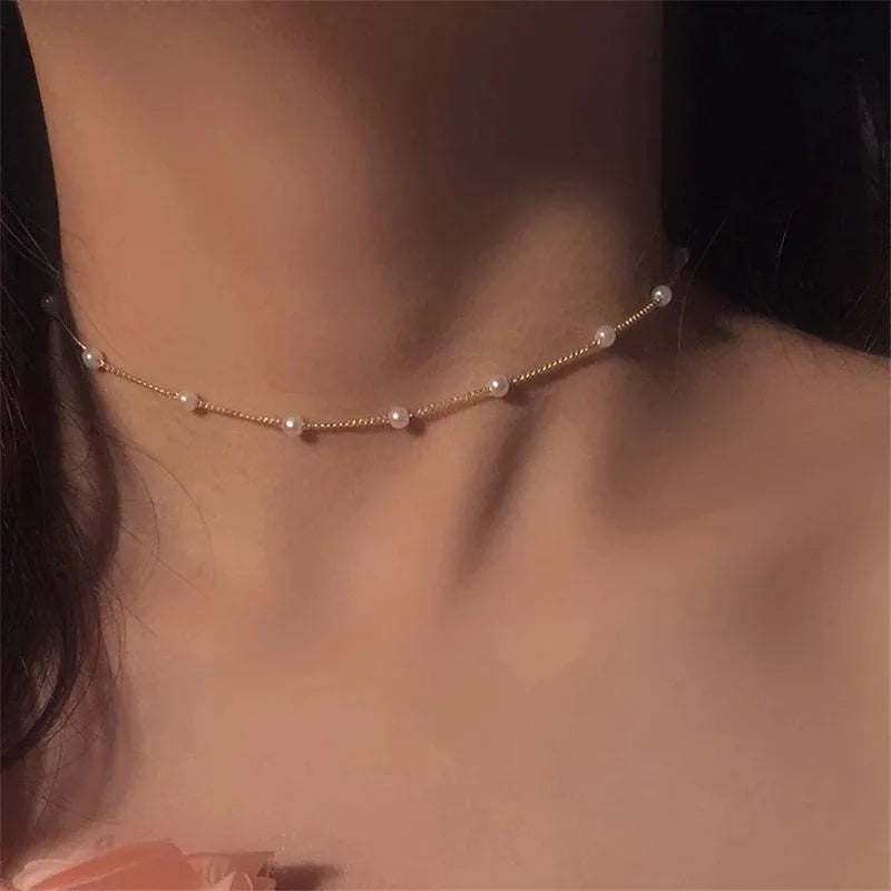 LATS 2022 New Beads Neck Chain Kpop Pearl Choker Necklace Gold Color Goth Chocker Jewelry on The Neck Pendant Collar for Women