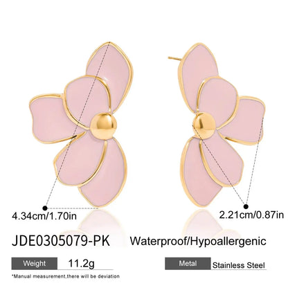 Uworld Fashion Trend 18K Gold Color Plated Stainless Steel Pink Drip Oil Flower Earrings Geometric Ear Studs Women's Accessories