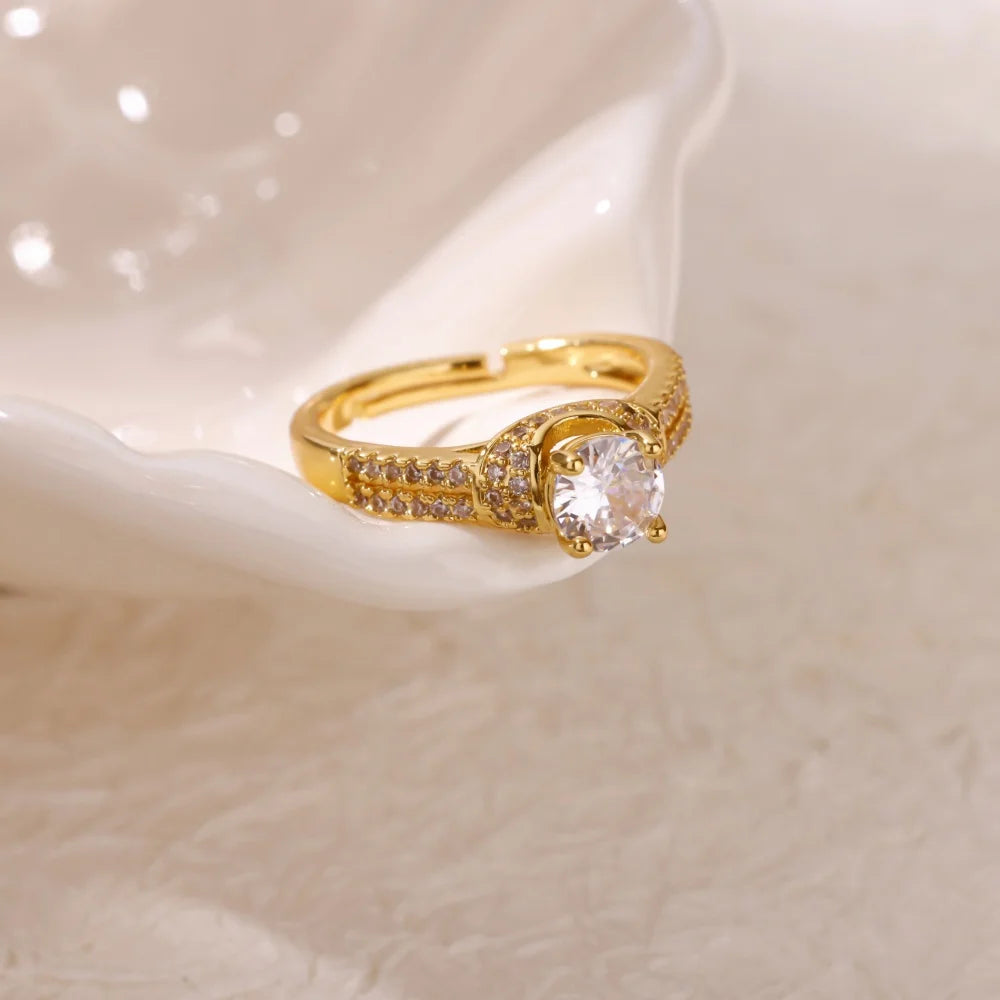 Zircon Round Rings For Women Gold Color Geometric Round Adjustable Ring Wedding Anniversary Waterproof Jewelry Gift