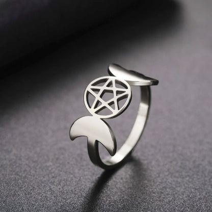 COOLTIME Pentagram Triple Moon Goddess Symbol Rings for Women Men Stainless Steel Crescent Star Ring Vintage Wicca Jewelry Gift
