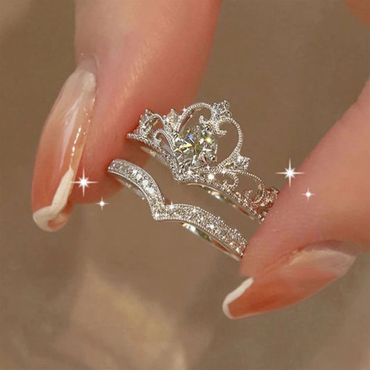 LATS 2PCS Crystal Crown Adjustable Ring Irregular Geometry Vintage Rings Set for Women Girls New Fashion Jewelry
