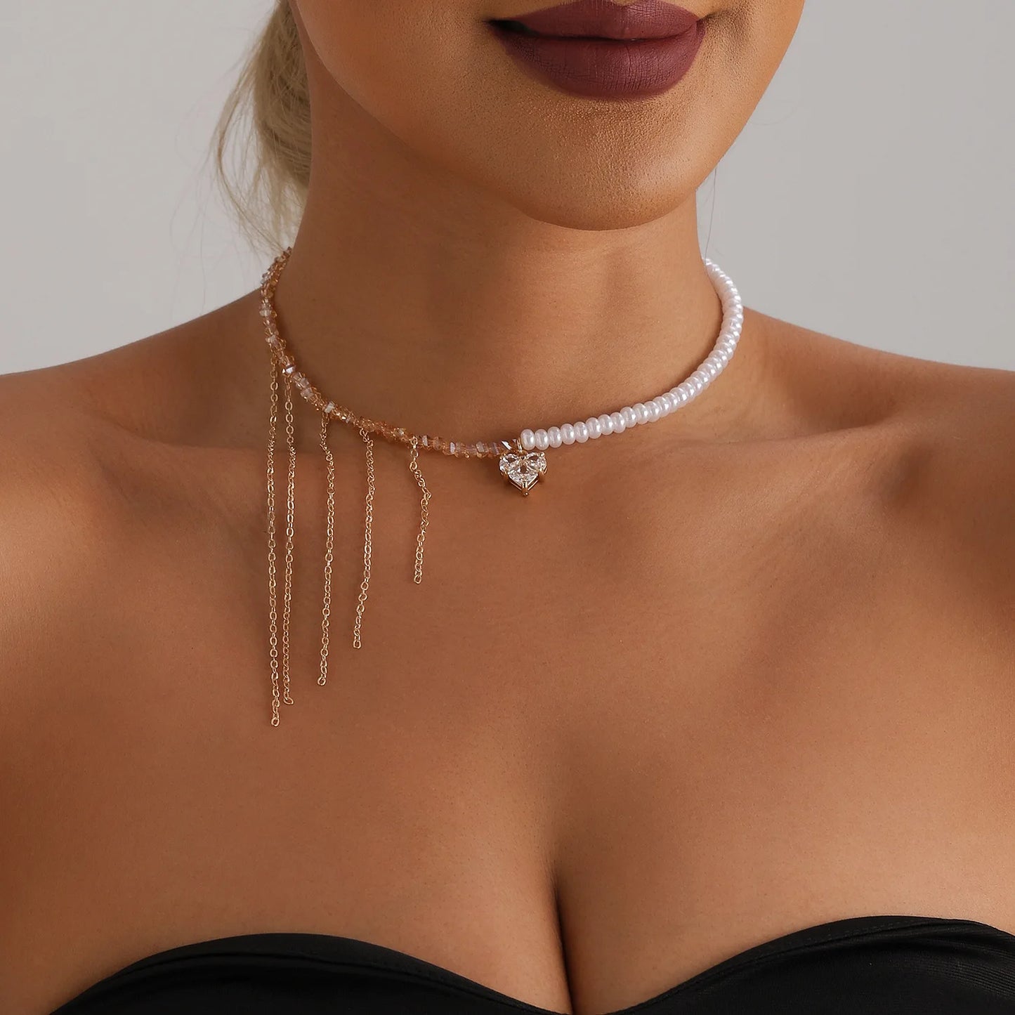 LATS Heart Beaded Necklace Women Boho Crystal Class Gravel Clavicle Chain Cool Y2K Choker Exquisite Fashion Jewelry