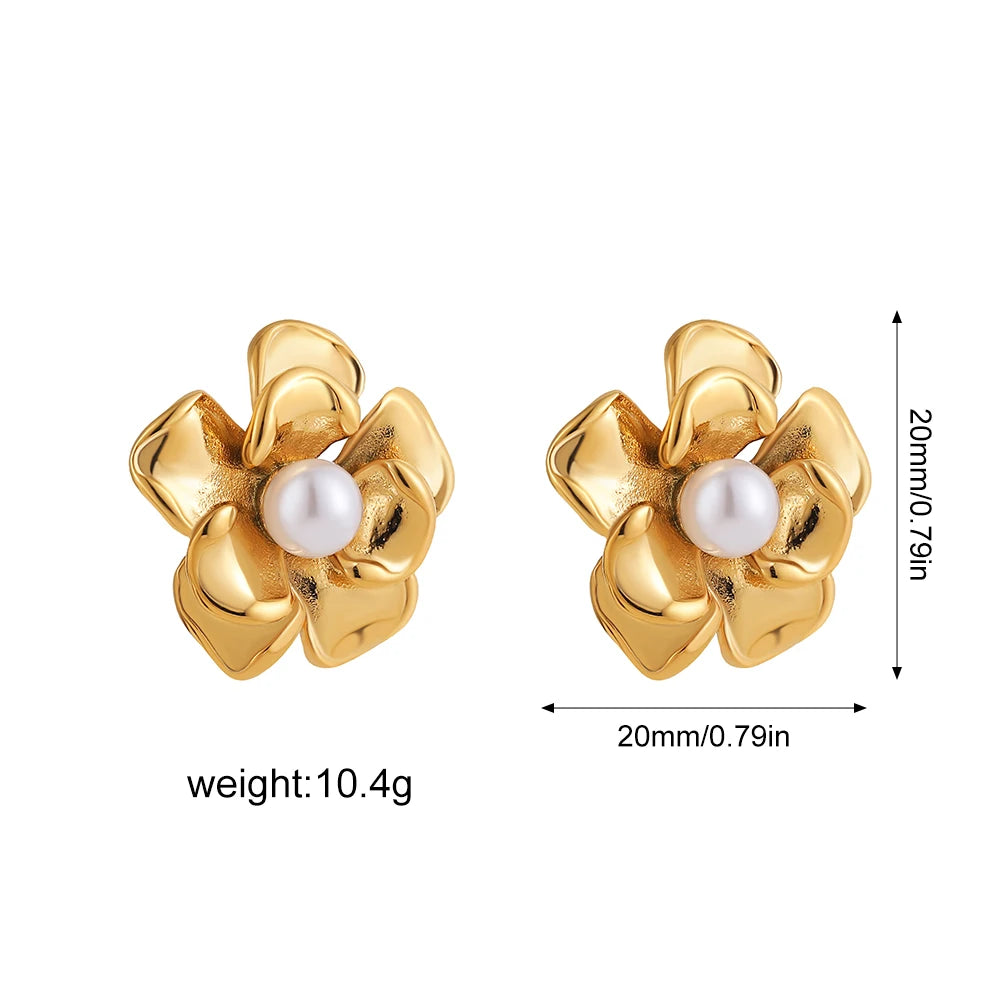 Hypoallergenic Stylish Vintage Flower Stud Earrings Personality 18k Gold Plated Stainless Steel Jewelry for Women Accessories
