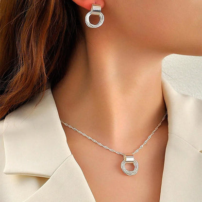 2 PCS Set Multiple Small Circle Pendant Earring Set Gold Plating Link Chain Wedding Party Jewelry Set Silver Color Stud Earring