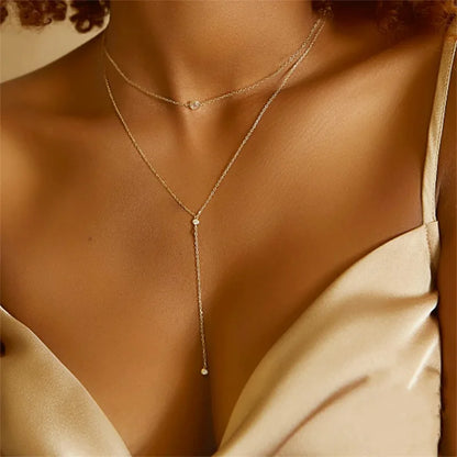 Popular Double Layered Long Tassel Y-Shaped Necklace for Women Simple Metal Collarbone Chain Summer Holiday Party Body Jewelry