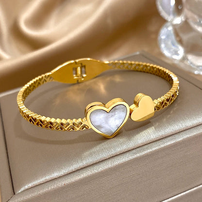 Stainless Steel Inlaid Shell Double Heart Cuff Bangles for Women Fashion Gold Color Bangle Bracelet Valentine's Day Jewelry Gift