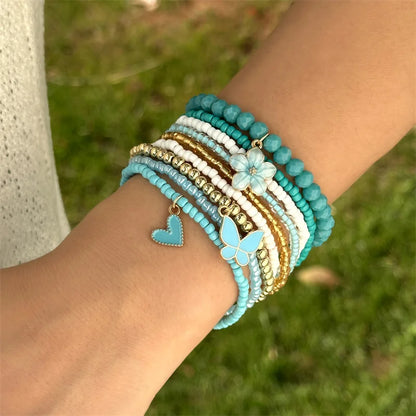 9 Pcs Bohemian Butterfly Flower Beaded Bracelet for Women Handmade Rice Beads Stacked Bracelet Bangles Set Girls Party Jewelry