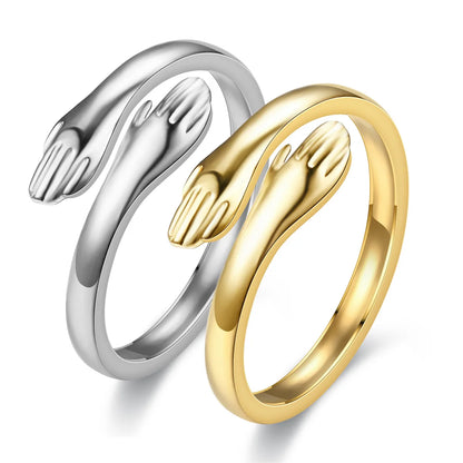 Round Gold Color Warmly Embraced Love Hug Open Rings For Women Cute Creative Hands  Adjustable Jewelry