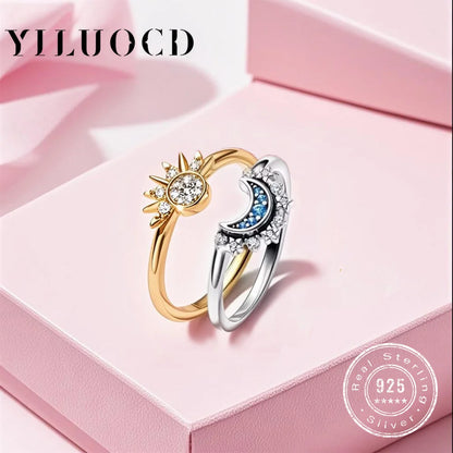 925 Silver Sun and Moon  Couple Ring Set Sky Blue Sparkling Cubic Zirconia Rings Promise Fine Jewelry Gifts for Valentines Day