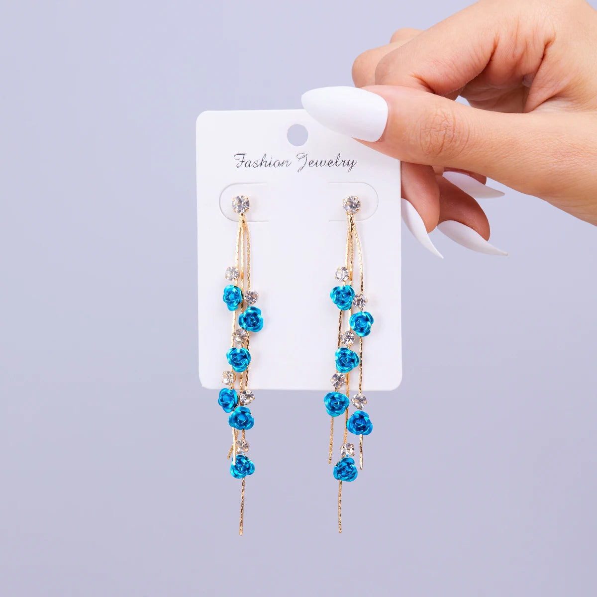 New Rose Flower Long Tassel Dangle Earrings Women Blue Red Green Rhinestone Flowers Hanging Earring Girls Party Wedding Jewelry