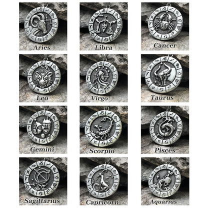 12 Constellation Zodian Signs Pendants Unique Design Horoscope Two-Sided Pendant Necklace for Men Women Jewelry Birthday Gifts