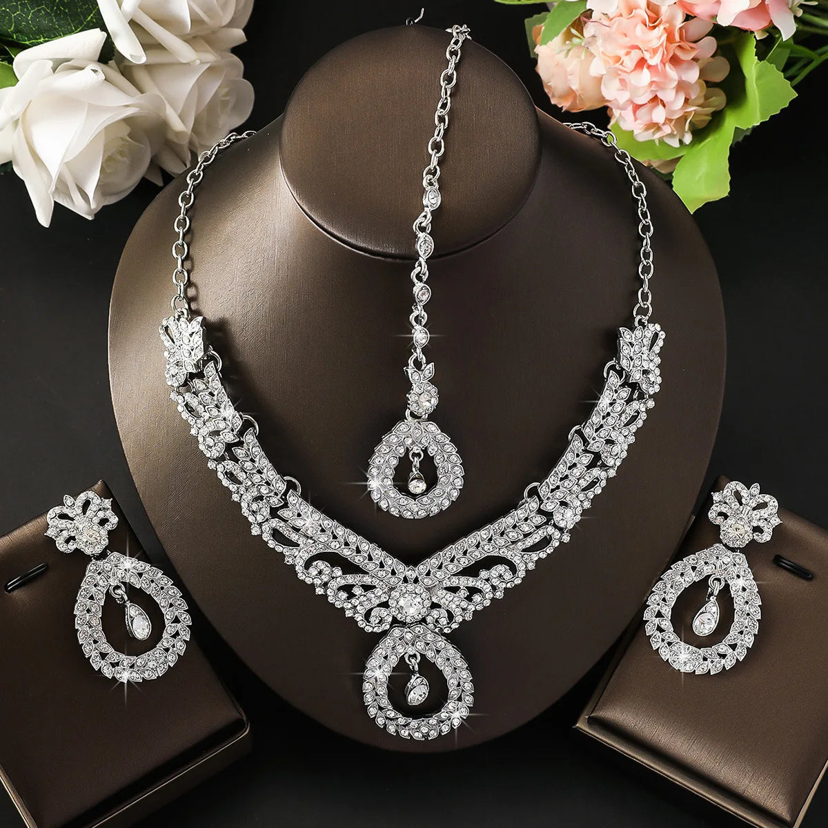 5-piece bridal jewelry set for women, exaggerated retro luxury crystal necklace, earrings and headdress set