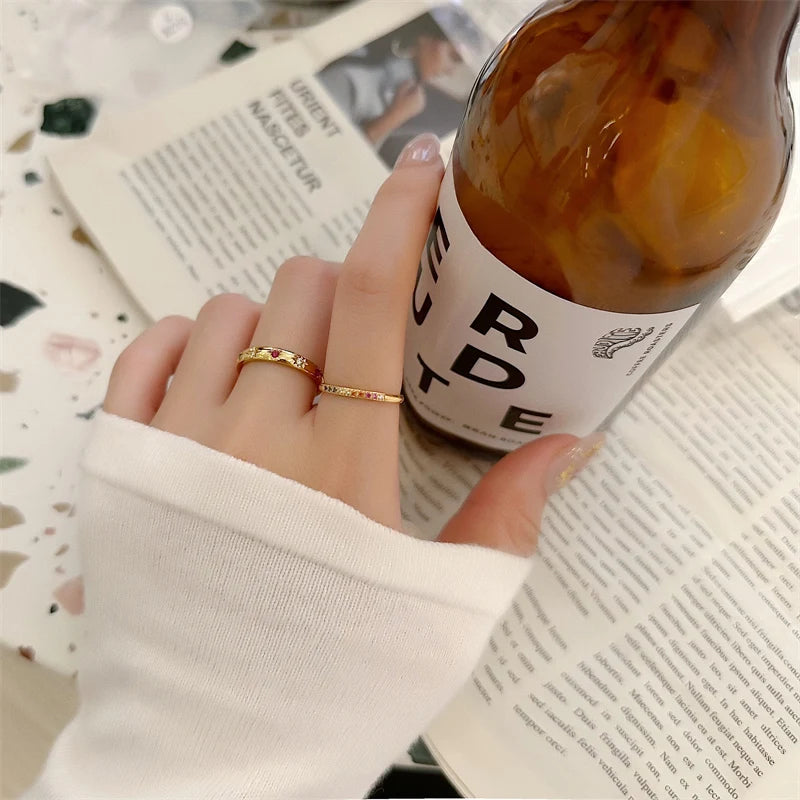 INS Stainless Steel Rainbow Color Cubic Zircon Stone Finger Rings for Women Gold Plated Waterproof Stacker Ring Jewelry Gift