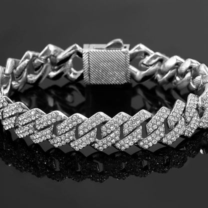 16/18/20/22/24inch Gold Color Cuban Link Chain for Women Men 2 Row Rhinestone Rhombus Prong Cuban Necklaces Hip Hop Jewelry