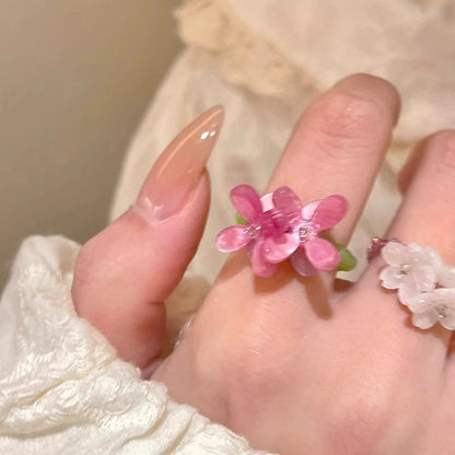 Violet Flower Acrylic Ring New Korean Style White Lily Index Finger Ring Elastic Beaded Unique Creativity Fold Women Jewelry