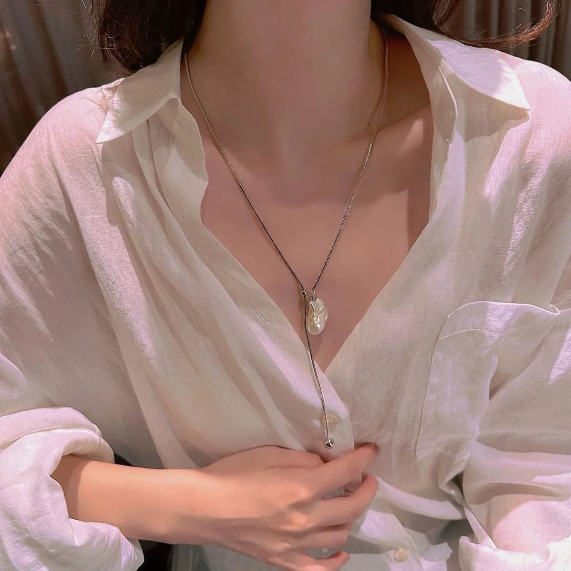 LATS Stainless Steel Long with Baroque Pearls Necklace for Women Adjustable Chain Sweater Accessories Fashion Jewelry