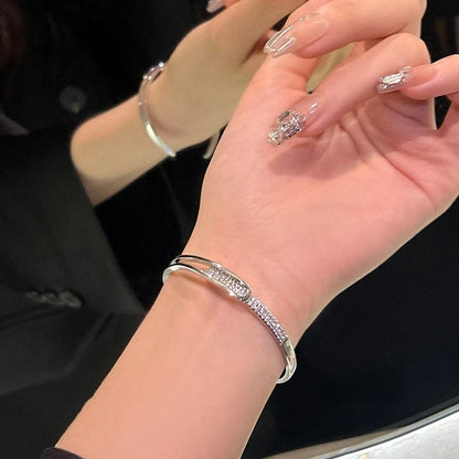 Silver Plated Micro Zircon Open Bangle For Women 2023 Korean Simple Design Hollow Versatile Bracelet Wedding Jewelry Party Gift