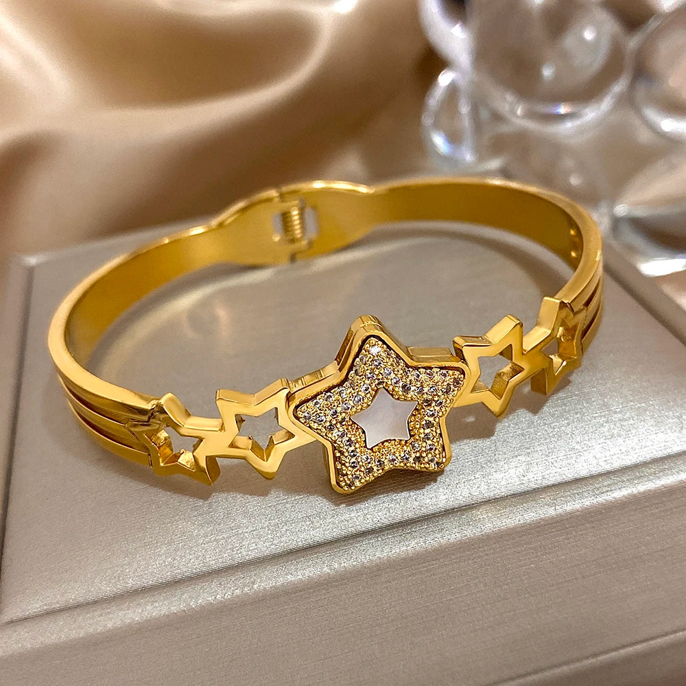 Stainless Steel Inlaid Shell Double Heart Cuff Bangles for Women Fashion Gold Color Bangle Bracelet Valentine's Day Jewelry Gift