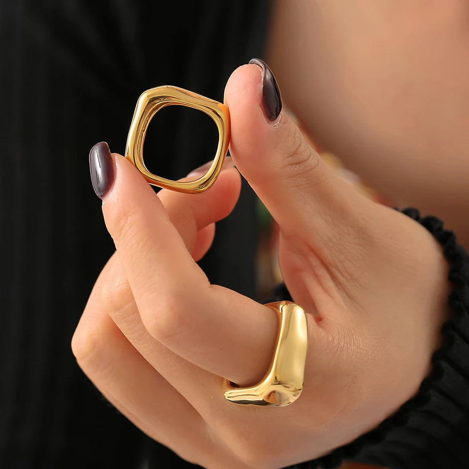 Simple Irregular Square Rings For Women Stainless Steel 18k Gold PVD Plated Waterproof Women's Glossy Ring Couples Jewelry Gift