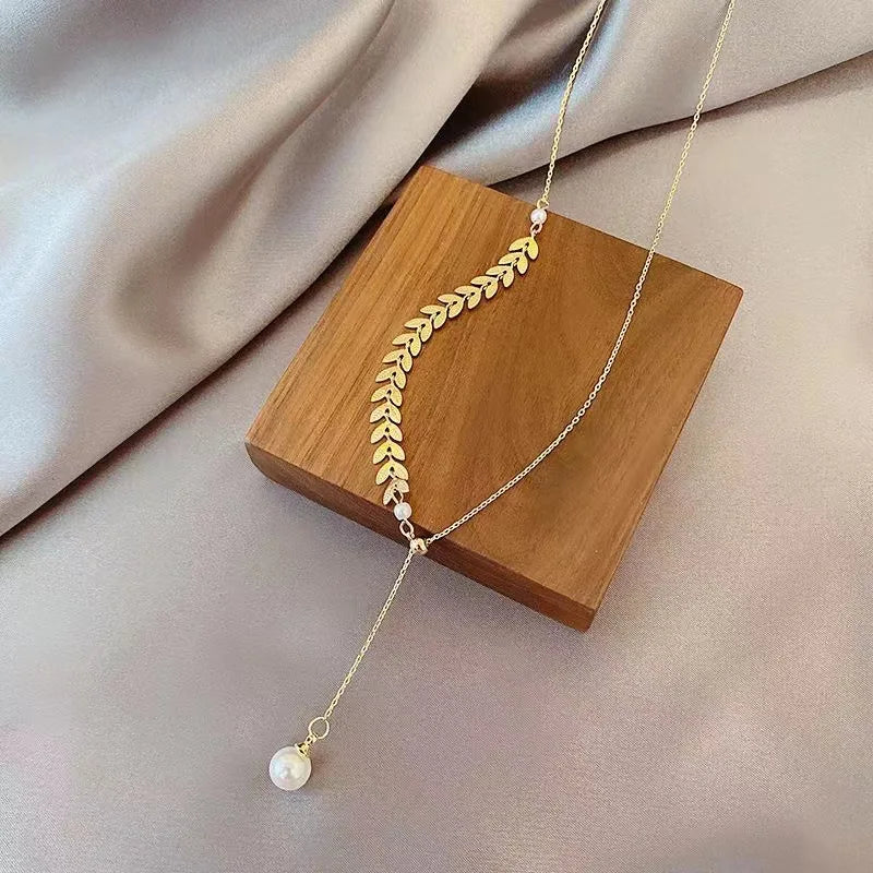 New Simple Wheat Ear Pearl Bracelet Necklace Earrings Jewelry Set for Women Lucky Gold Color Bracelet Charm Jewelry Necklaces