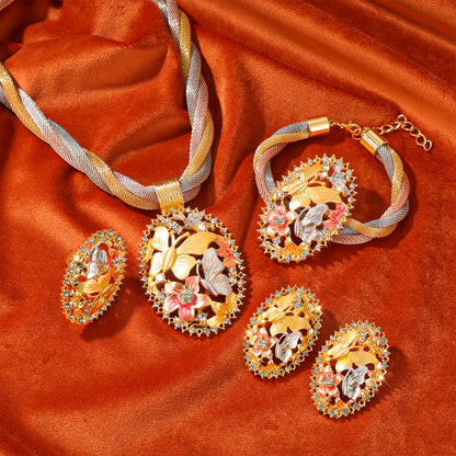 Dubai Jewelry Sets Tassels Necklace for Women Crystal Bracelet Gifts Charm Bridal Earrings Ring Wedding Accessories